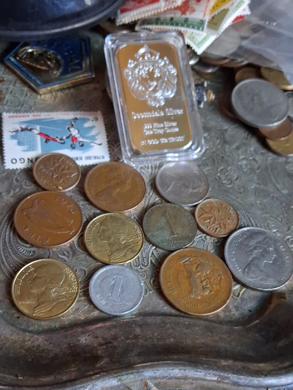 Old(over 50year) Foreign Coinage w/ Silver Bar Accent - Gold & Silver Tones